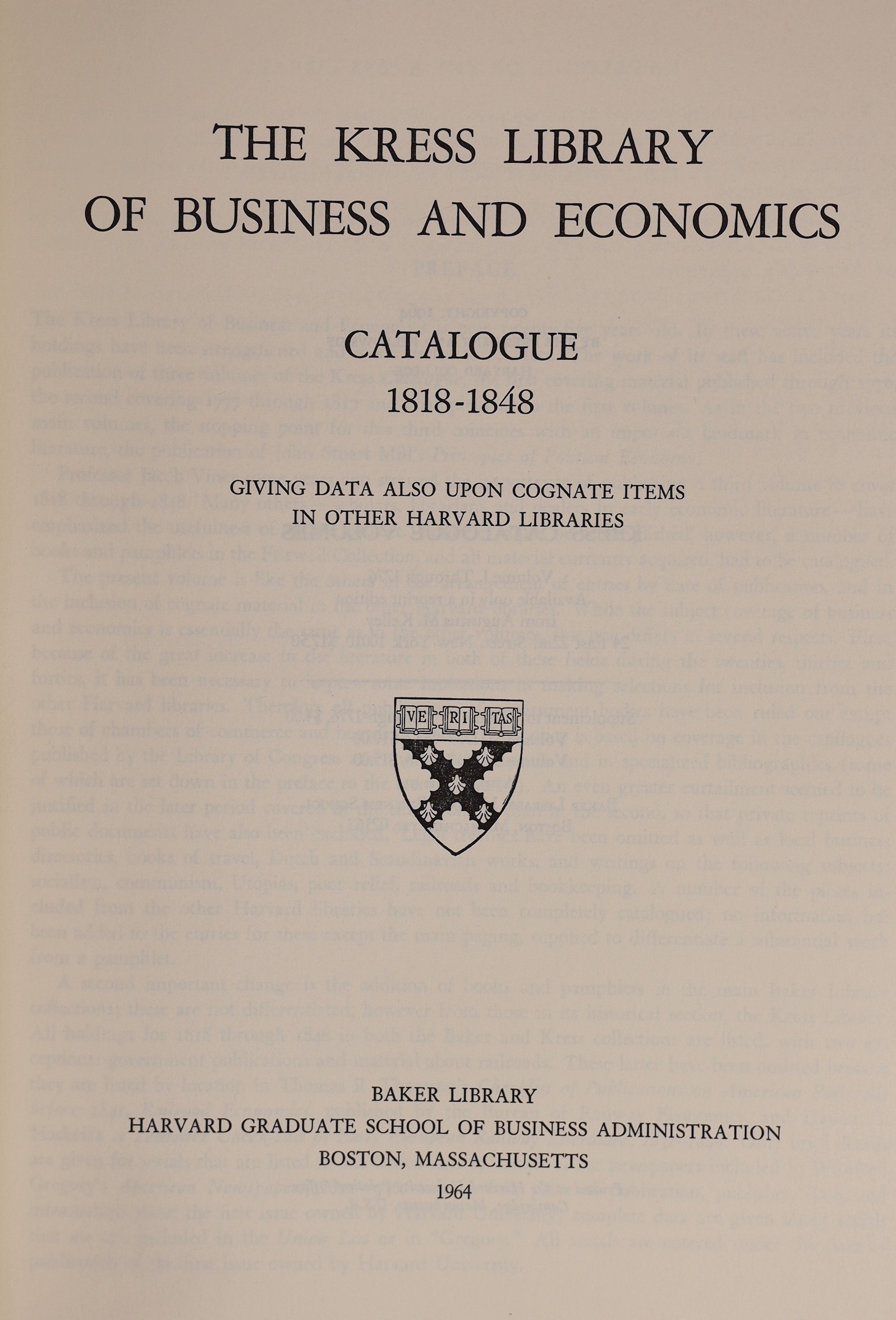 The Kress Library of Business and Economics, Catalogue. 4 vols. publisher's gilt lettered cloth, 4vo. Boston & Cambridge (Mass.), 1964